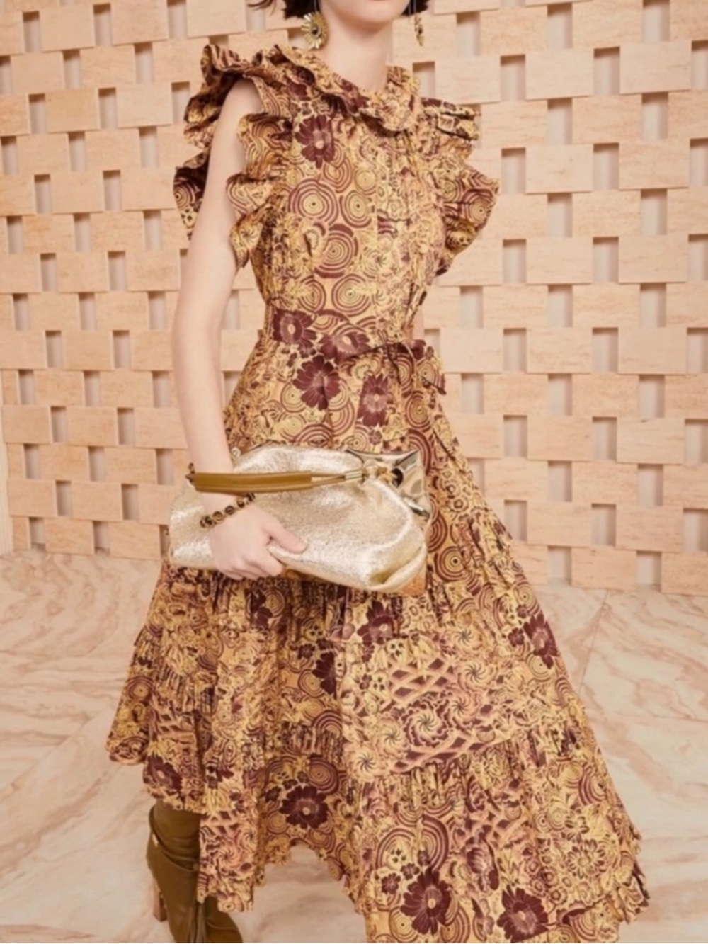 ULLA Johnson Elsie Floral Ruffle Midi Dress in Mustard and Brown size 2
